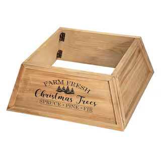 10.67 in. H Natural Wooden Trapezoid Farm Fresh Brown Christmas Trees Tree Collar (KD) | The Home Depot