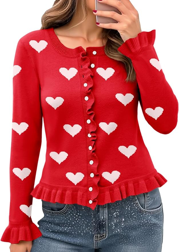 Saodimallsu Womens Ruffle Cardigan Sweaters Button Up Crew Neck Long Sleeve Cropped Sweater Cute ... | Amazon (US)