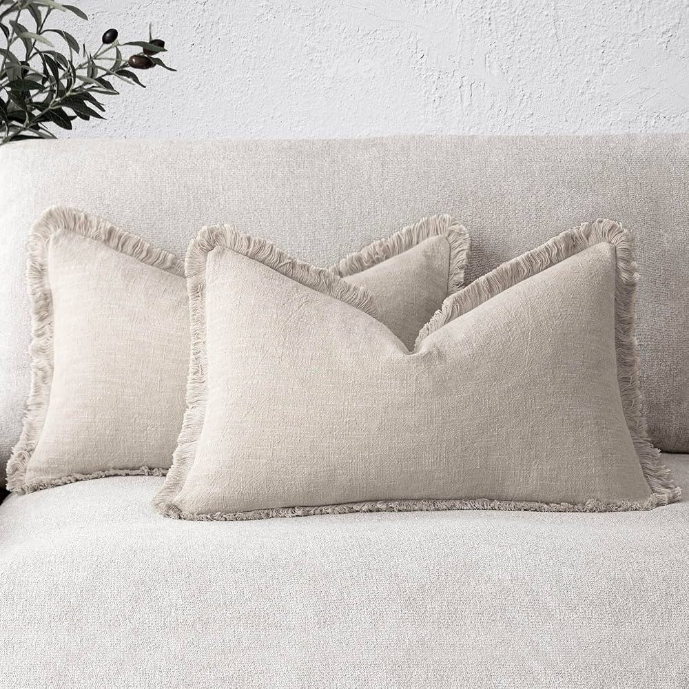 Foindtower Set of 2 Decorative Linen Fringe Lumbar Throw Pillow Covers Boho Farmhouse Cushion Cov... | Amazon (US)
