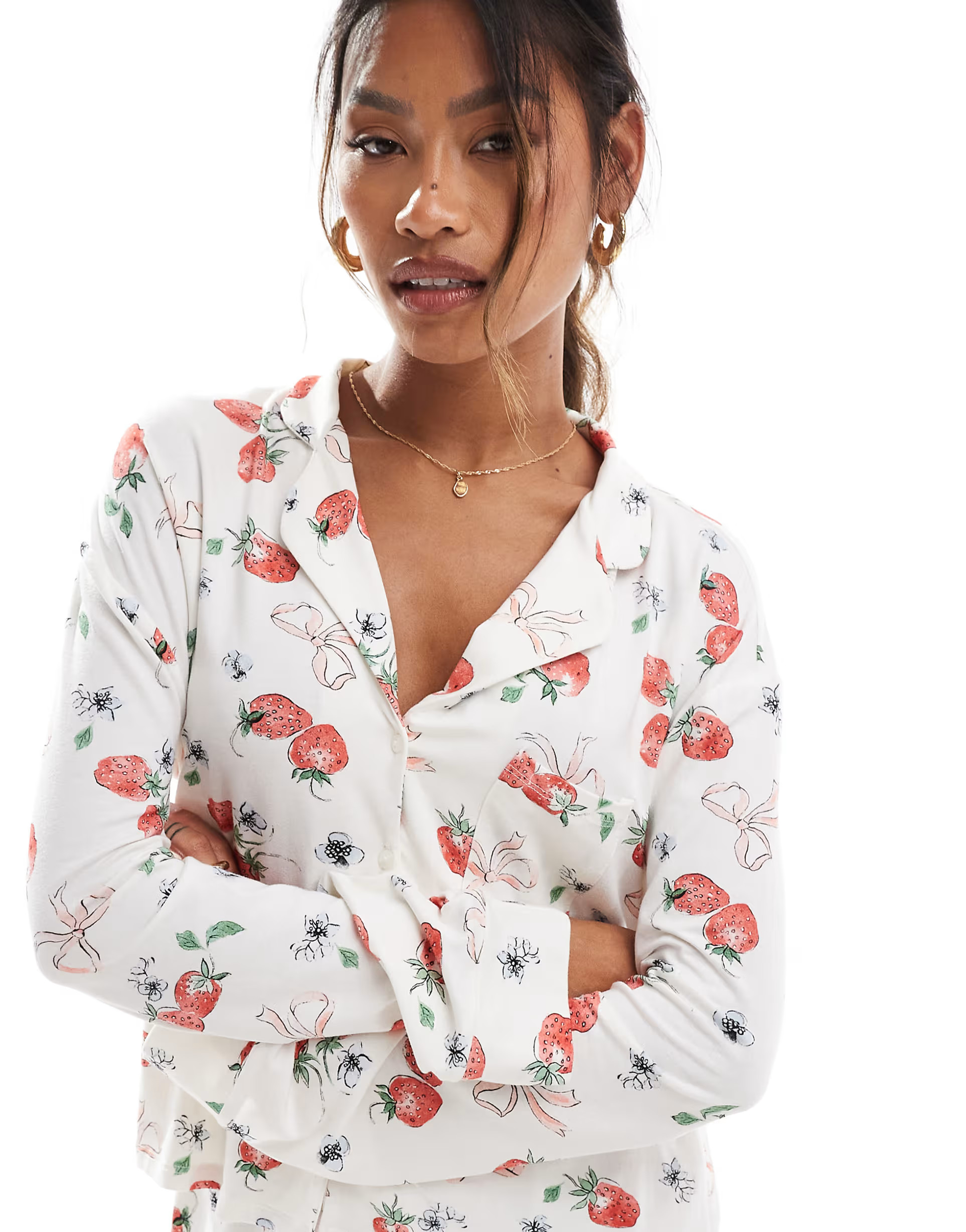 Kaiia mix and match cropped long sleeve pj shirt co-ord in strawberry and bow print | ASOS (Global)