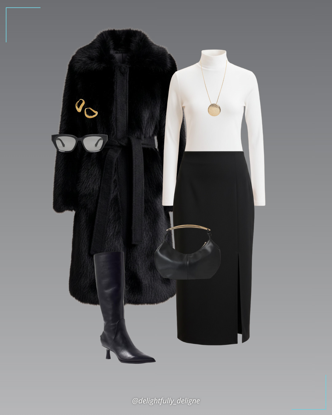 La Ligne Elegance 🤍🖤 Alpine maxi coat, Maxime skirt & Le turtleneck, styled with a pendant long necklace, top-handle shoulder bag, kitten-heel boots, cat-eye sunglasses & swirl medium hoop earrings. 

 #LTKgrwm #LTKootd #LTKOver40