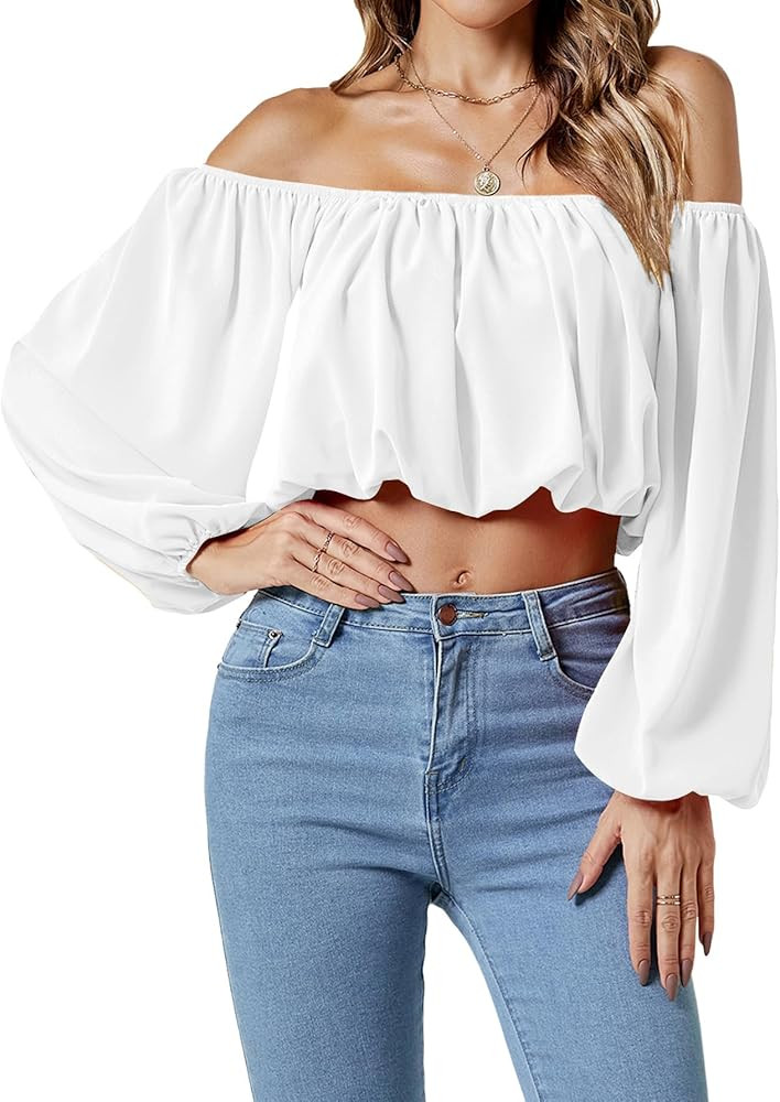 Umenlele Women’s Casual Off Shoulder Ruched Lantern Long Sleeve Crop Top Blouse Shirt | Amazon (US)