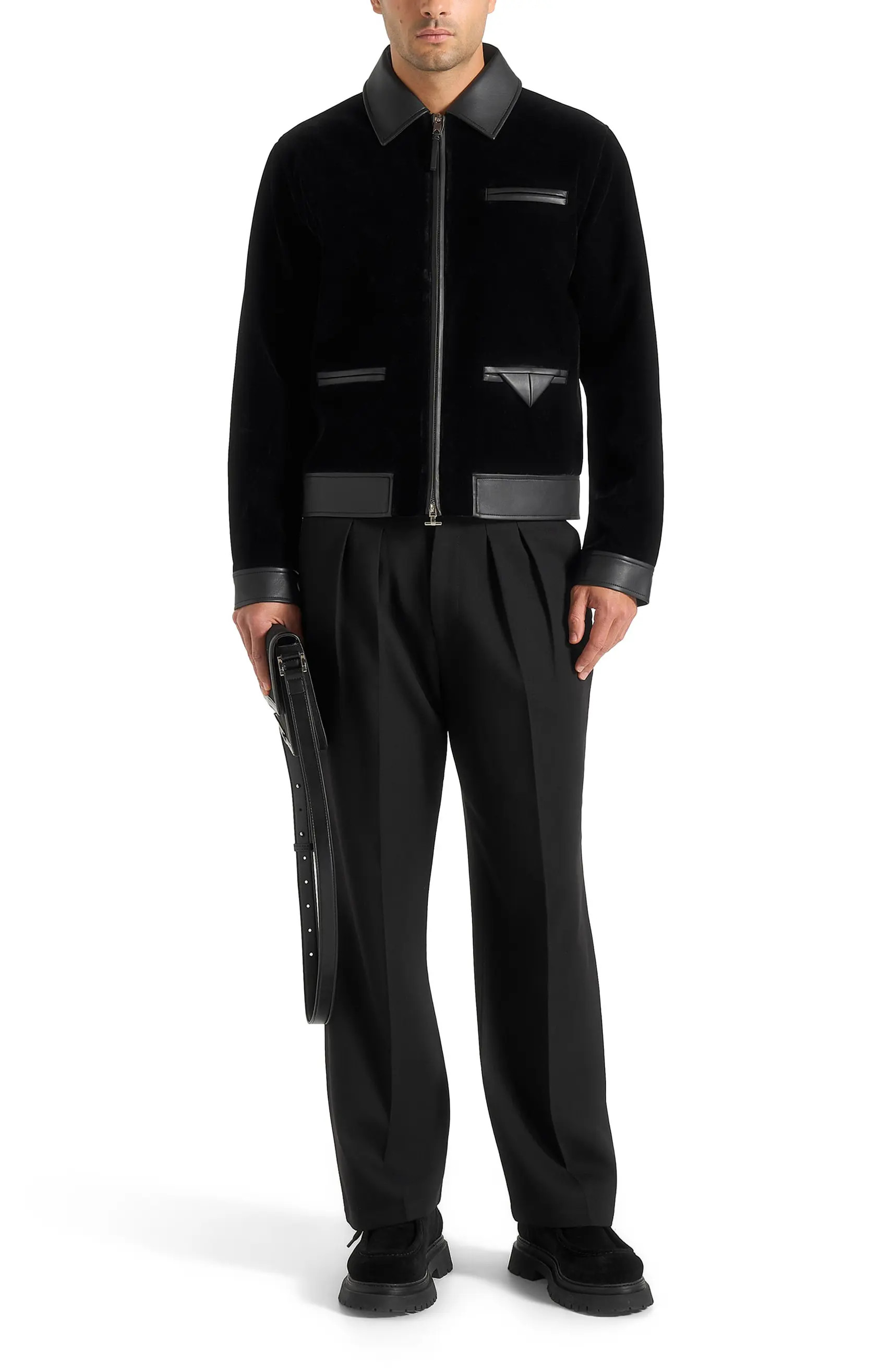 Manière De Voir Tony Velvet & Leather Contrast Jacket in Black at Nordstrom, Size Xx-Large | Nordstrom