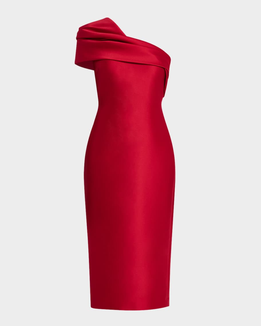 Badgley Mischka Collection Pleated One-Shoulder Midi Dress | Neiman Marcus