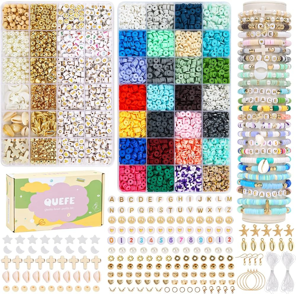 QUEFE Clay Beads for Jewelry Making Kit, 28 Colors Bracelet Making Kit for Adults, Polymer Heishi... | Amazon (US)