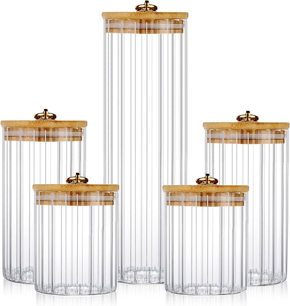 FANTESTICRYAN Glass Storage Jars Set of 5, Decorative Coffee Bar Container with Airtight Bamboo L... | Amazon (US)