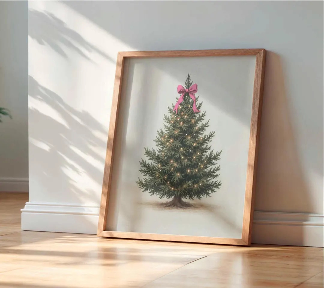 Vintage Christmas Tree Printable | Cozy Holiday Wall Art Decor | Pink Coquette Bow Tree Digital D... | Etsy (US)