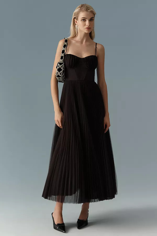 Amara Corset Pleated Tulle Fit & Flare Midi Dress | Anthropologie (US)