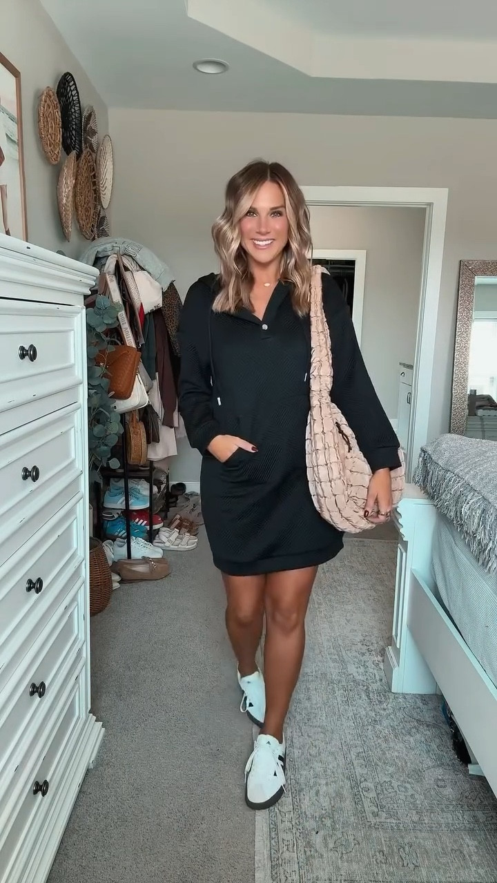 Loving the latest update to my favorite fall hooded dress! It features a stylish texture, functional snap buttons, a front pocket, and a cozy hood. Perfect for early fall, pair it with sneakers for a casual look or dress it up with boots and a denim jacket! ✨ 

I am 5’6 147lbs wearing a size small in the dress, shoes run 1/2 size big, size M bra (34C)

#LTKSeasonal #LTKStyleTip