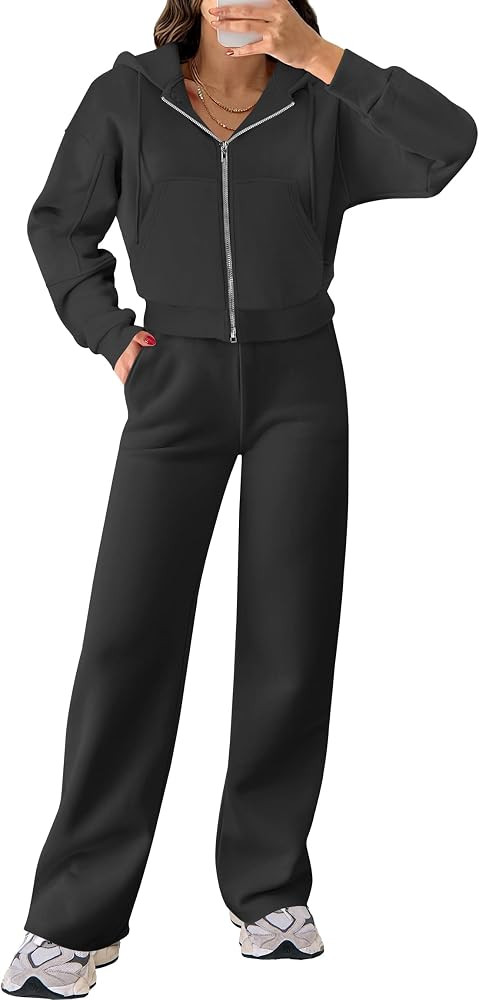 ANRABESS Women 2 Piece Outfits Sweatsuit Zip Up Crop Hoodies SweatPants Lounge Matching Sweat Set... | Amazon (US)