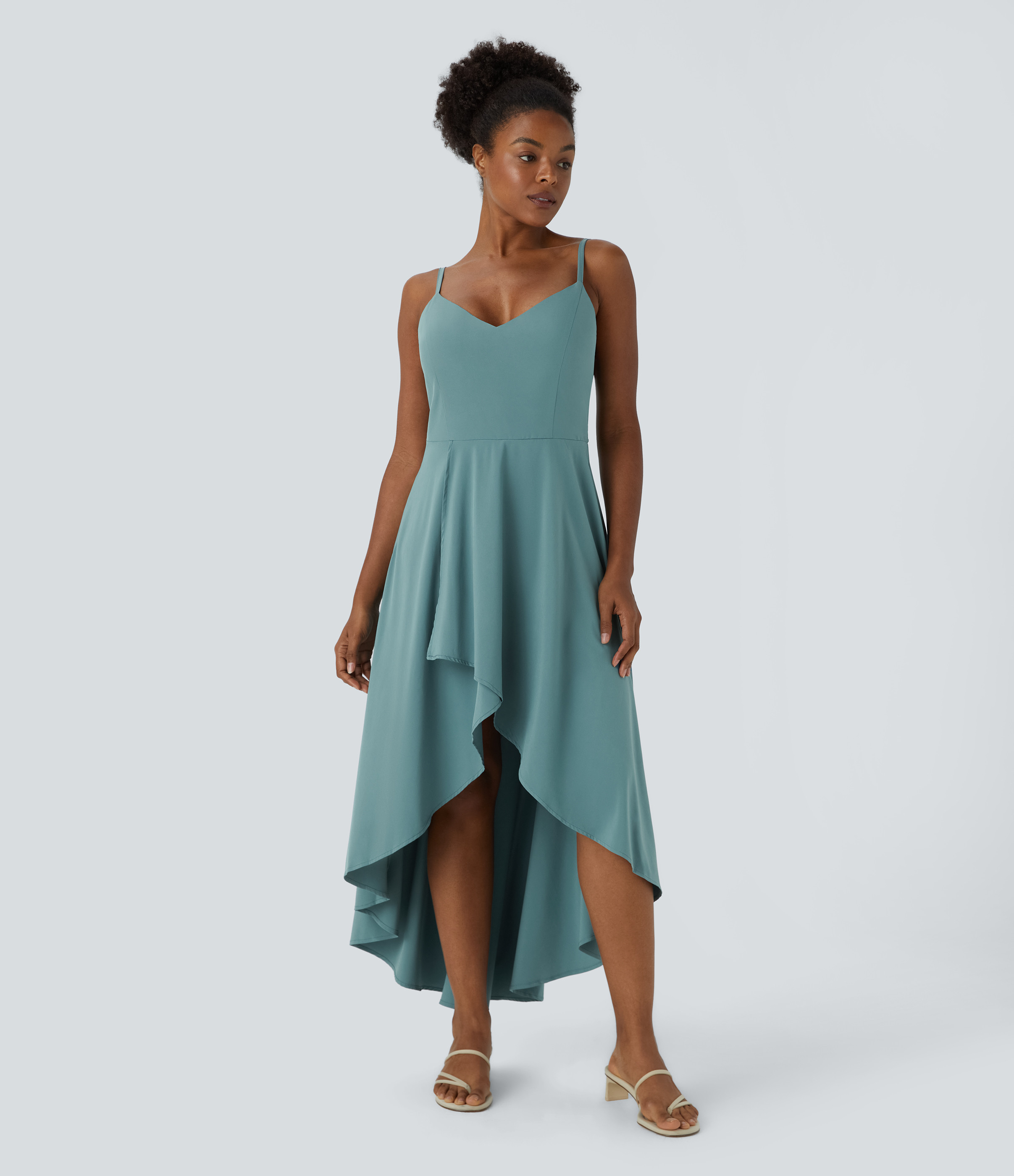 Halara Breezeful™ Shirred High Low Flowy Quick Dry Maxi Slip Dress Casual Dress - Stone Blue - M slip dress beach dress ruched dress | HALARA