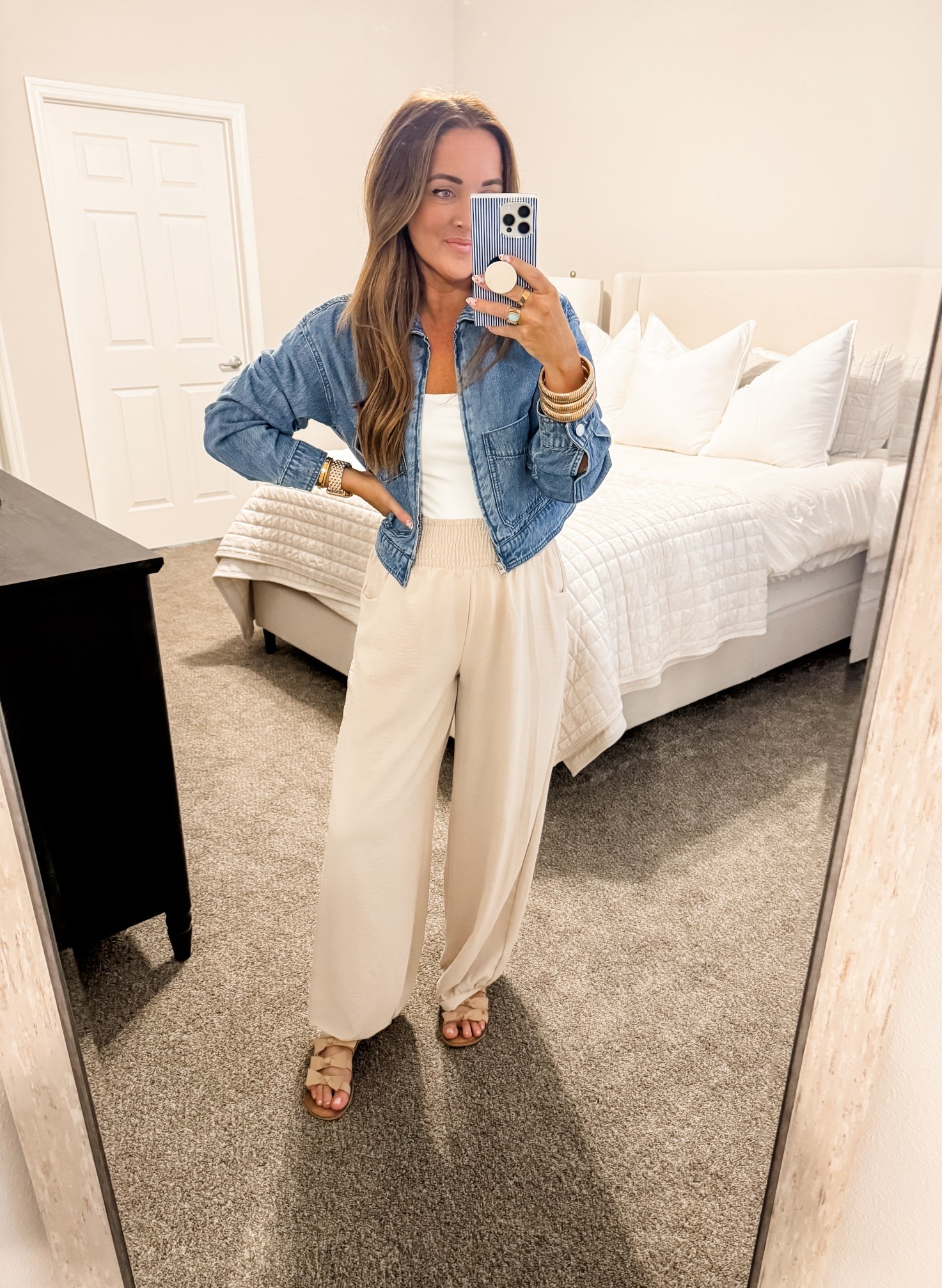 Jacket / bodysuit / pants - M (tts) 
5’2” 140 lbs 
—
Target jacket | Poshmark finds | Amazon pants | Loose pants | Bump friendly | Spring neutrals | Denim jacket | Cropped jacket | Cropped denim | Abercrombie bodysuit | Bow sandals | Jeffrey Campbell

#LTKSaleAlert #LTKWorkwear #LTKmomlife