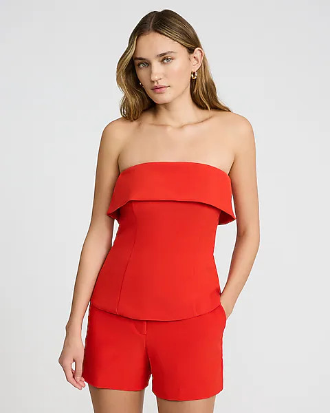 Studio Stretch Twill Fold Over Strapless Tailored Top | Express