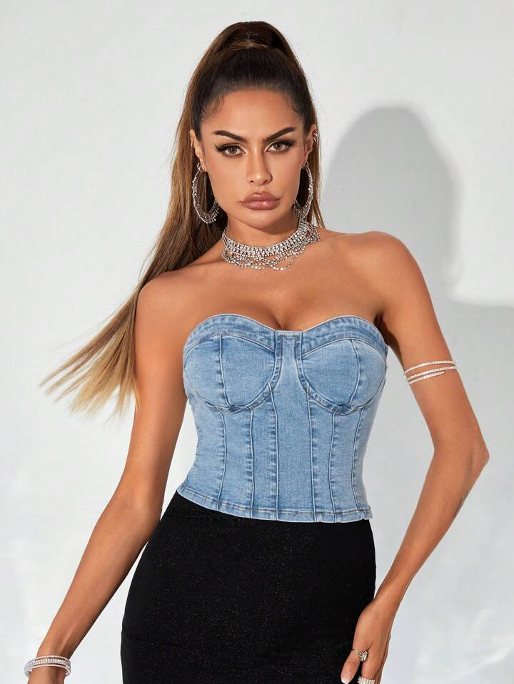 SHEIN BAE Zip Back Bustier Tube Denim Top | SHEIN
