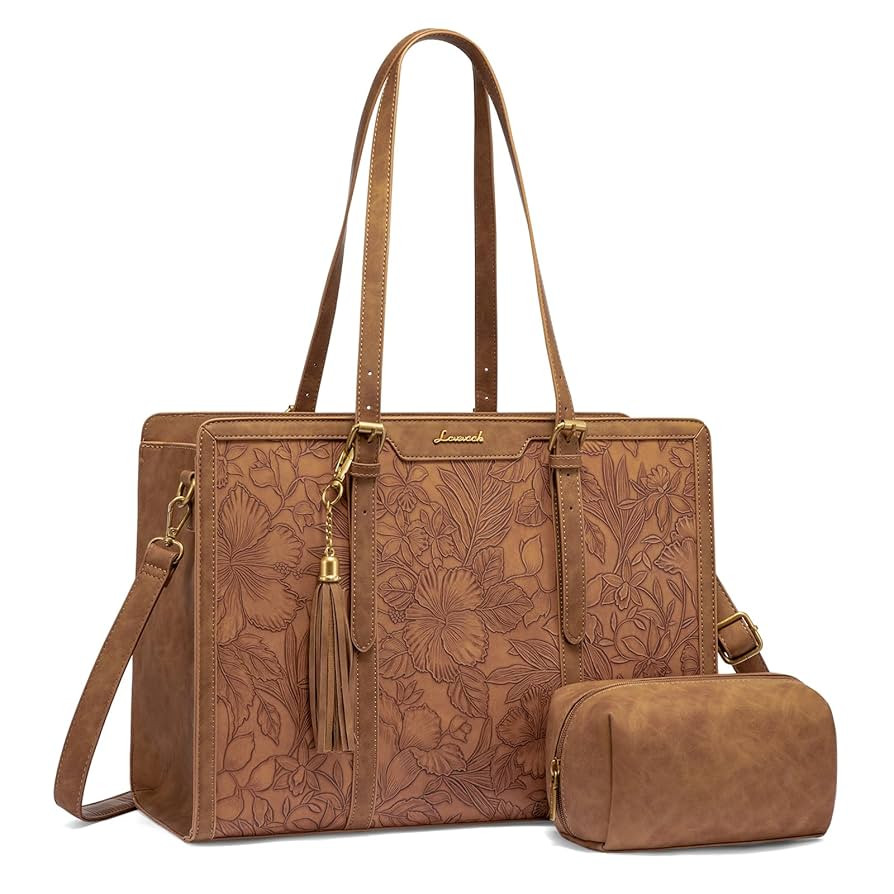LOVEVOOK Laptop Bag for Women Vintage Leather Work Tote 17.3 inch Large Capacity Computer bag wit... | Amazon (US)