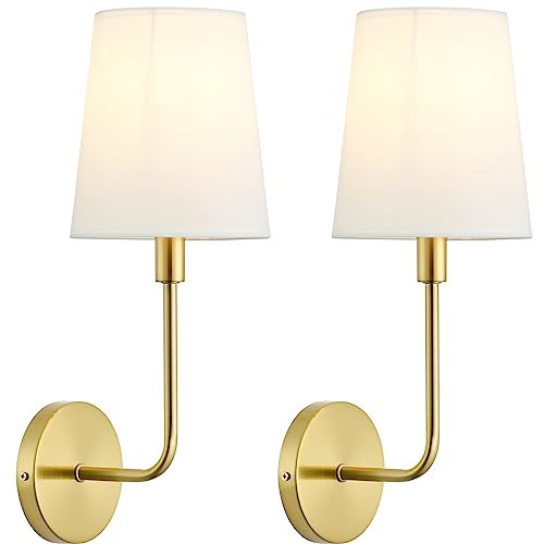 Antique Brass Wall Sconces, Set of 2 Hardwired Vintage Industrial Wall Lights with Fabric Shade, E26 Socket, for Bedroom, Living Room, Farmhouse, Kitchen, Porch (Bulbs Not Included) | Amazon (US)