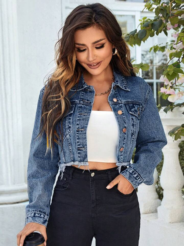 Flap Detail Raw Hem Crop Denim Jacket | SHEIN