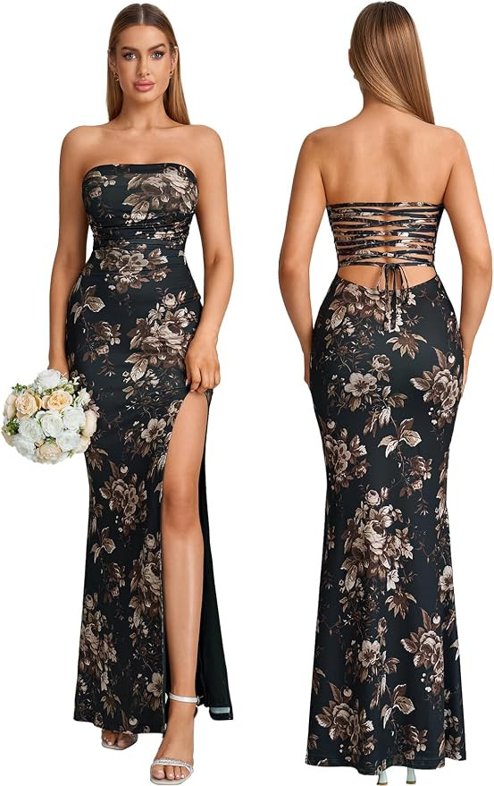 Wedding Guest Formal Strapless Slit Long Dress for Women | Amazon (US)