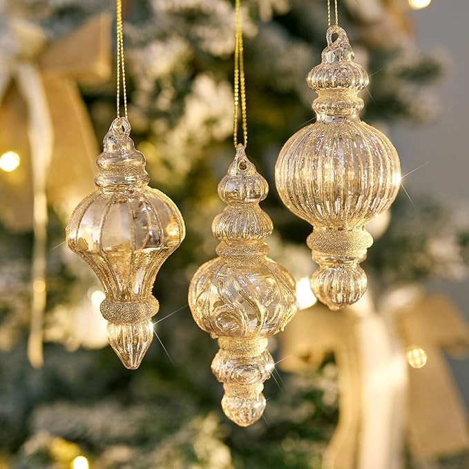 Set of 3 Glass Finial Christmas Ornaments 4.7in Vintage Hand Blown Hangings for Christmas Tree De... | Amazon (US)