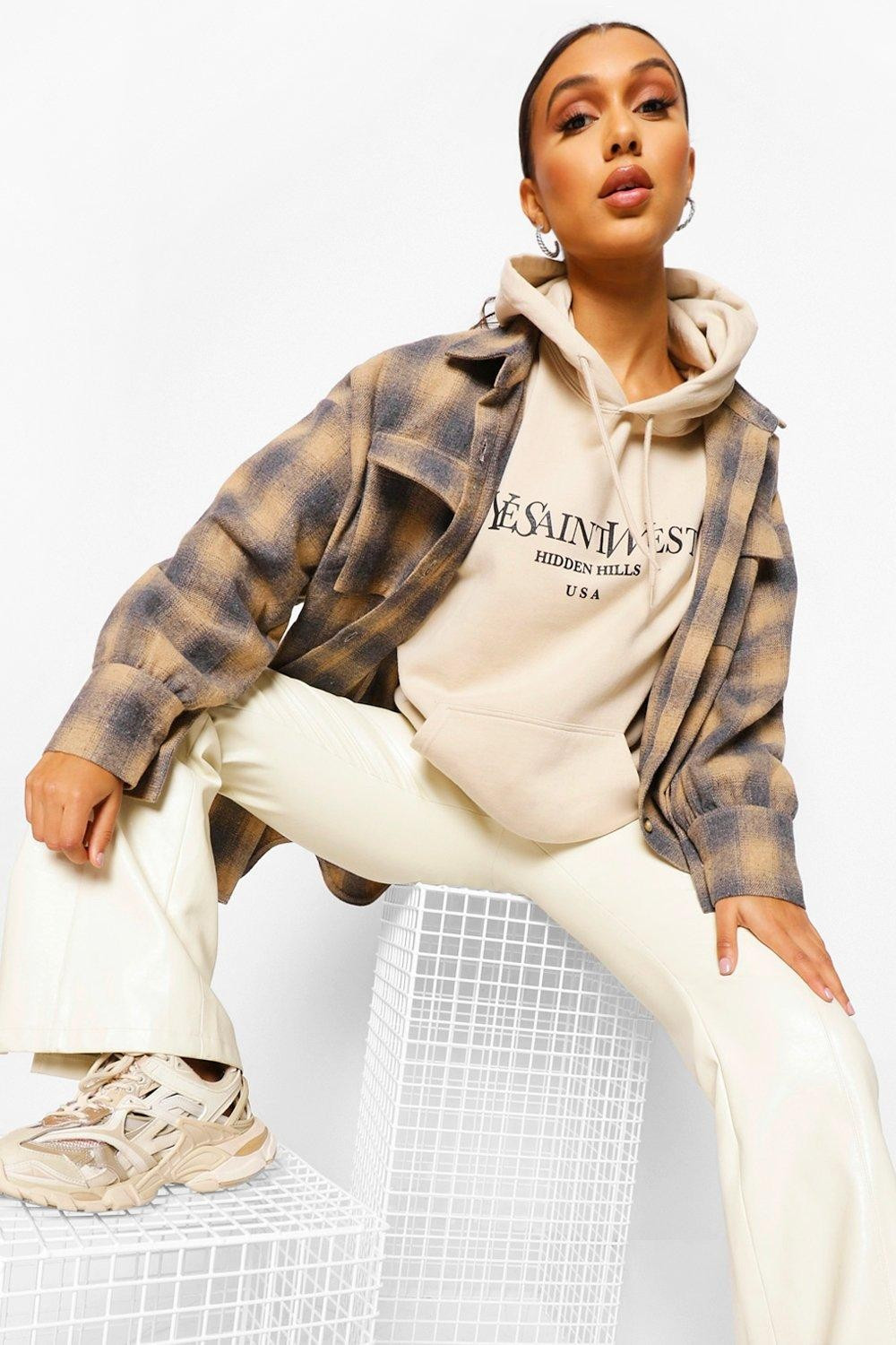 Womens Flanneled Oversized Shacket - Beige - 2 | Boohoo.com (US & CA)