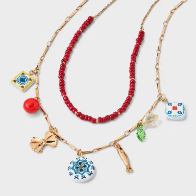 Seed Bead and Chain Charm Necklace Set 2pc - Universal Thread™ Gold | Target