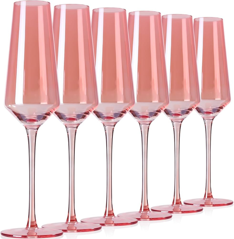 Pink Champagne Flutes Glass set of 6-8oz Champagne Glasses- Stemmed Coupes Reusable - Colored Cha... | Amazon (US)
