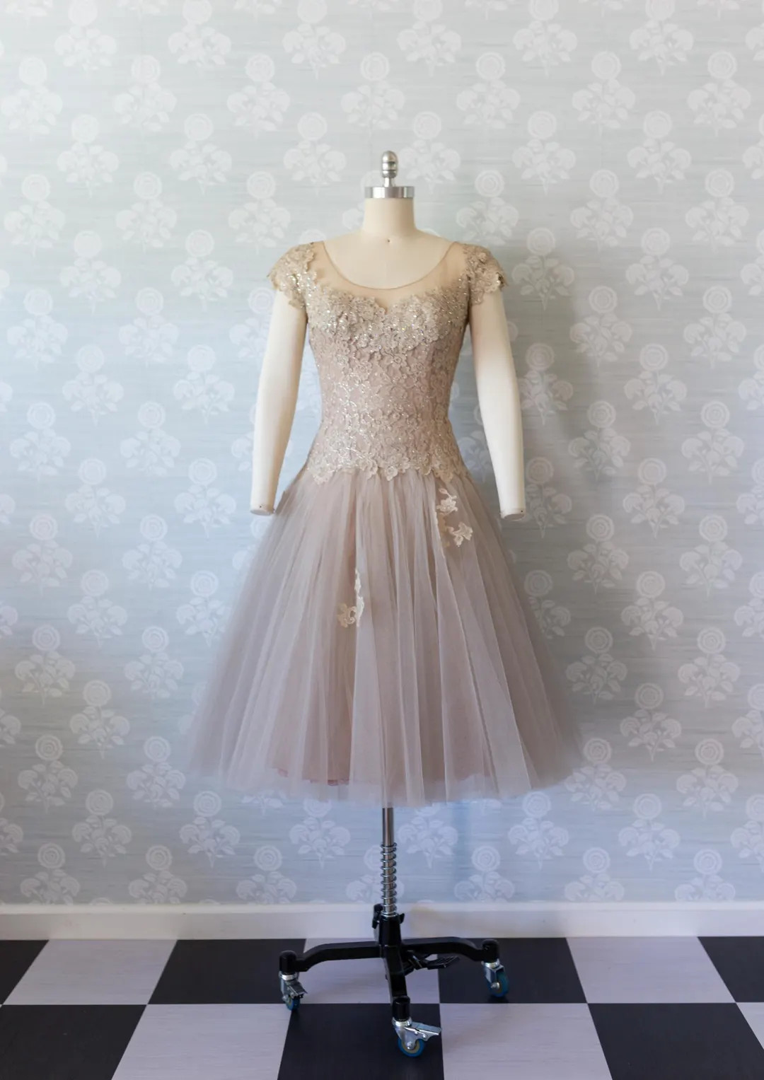 1950s Champaign Tulle and Lace Rhinestone Party Dress - Etsy | Etsy (US)