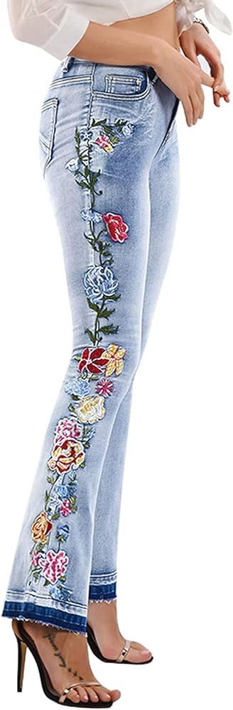 CHARTOU Womens Chic Floral Embroidered High-Rise Bell Bottom Flare Jeans Broad Feet Long Denim Pa... | Amazon (US)