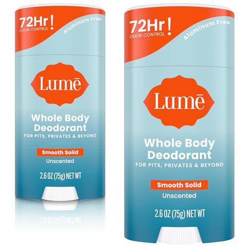 Lume Whole Body Deodorant - Smooth Solid Stick - 72 Hour Odor Control - Aluminum Free, Baking Soda Free and Skin Safe - 2.6 Ounce (Pack of 2) (Unscented) | Amazon (US)
