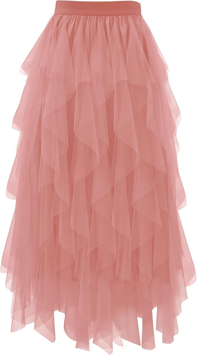 THHGPO Tulle Skirts for Women A Line Fairy Tiered Skirt Midi Length High Elastic Waist Long Skirt | Amazon (US)