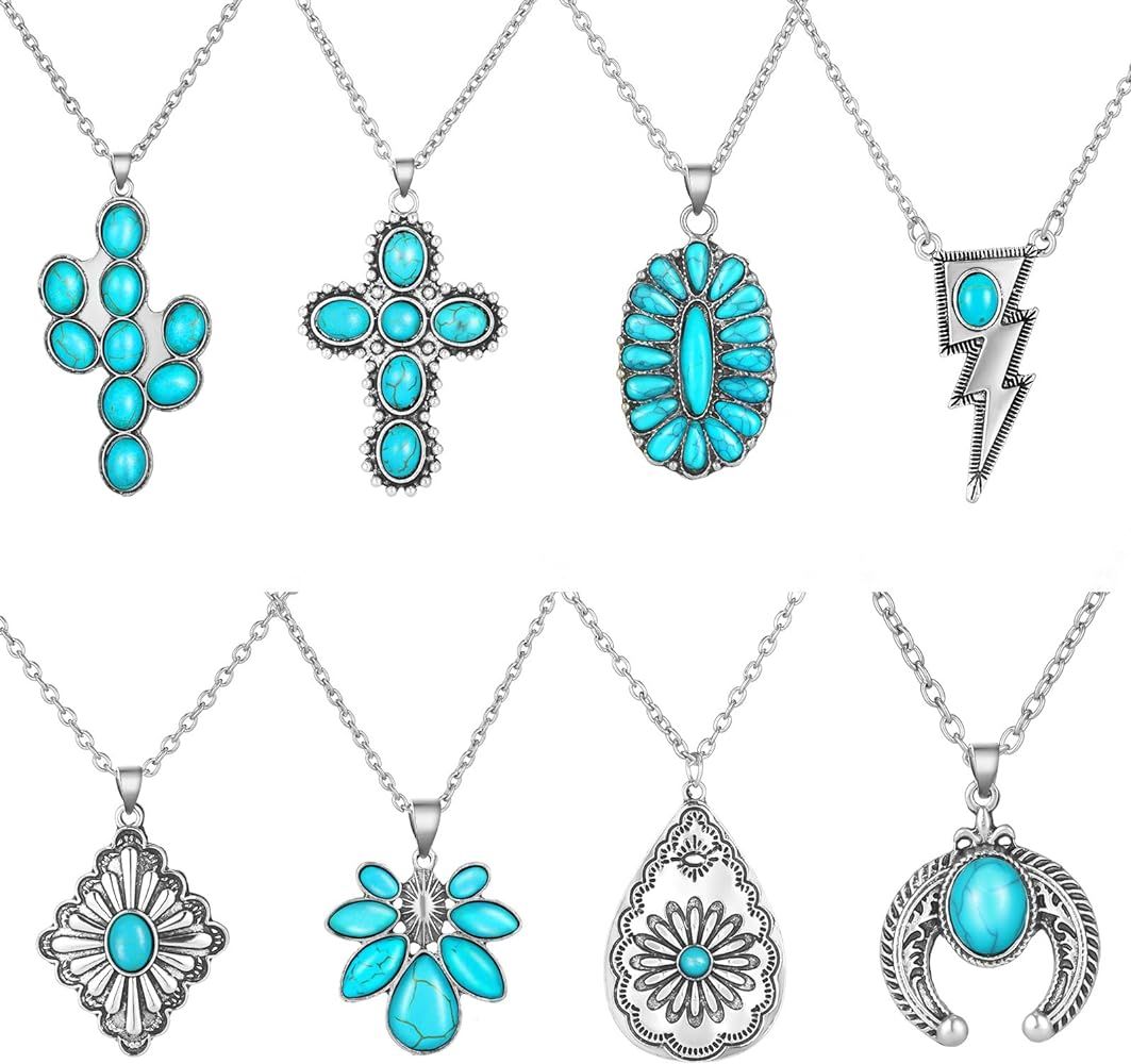 Kigeli 8 Pcs Western Necklaces for Women Turquoise Necklace Cowgirl Cowboy Pendant Necklace Cattl... | Amazon (US)