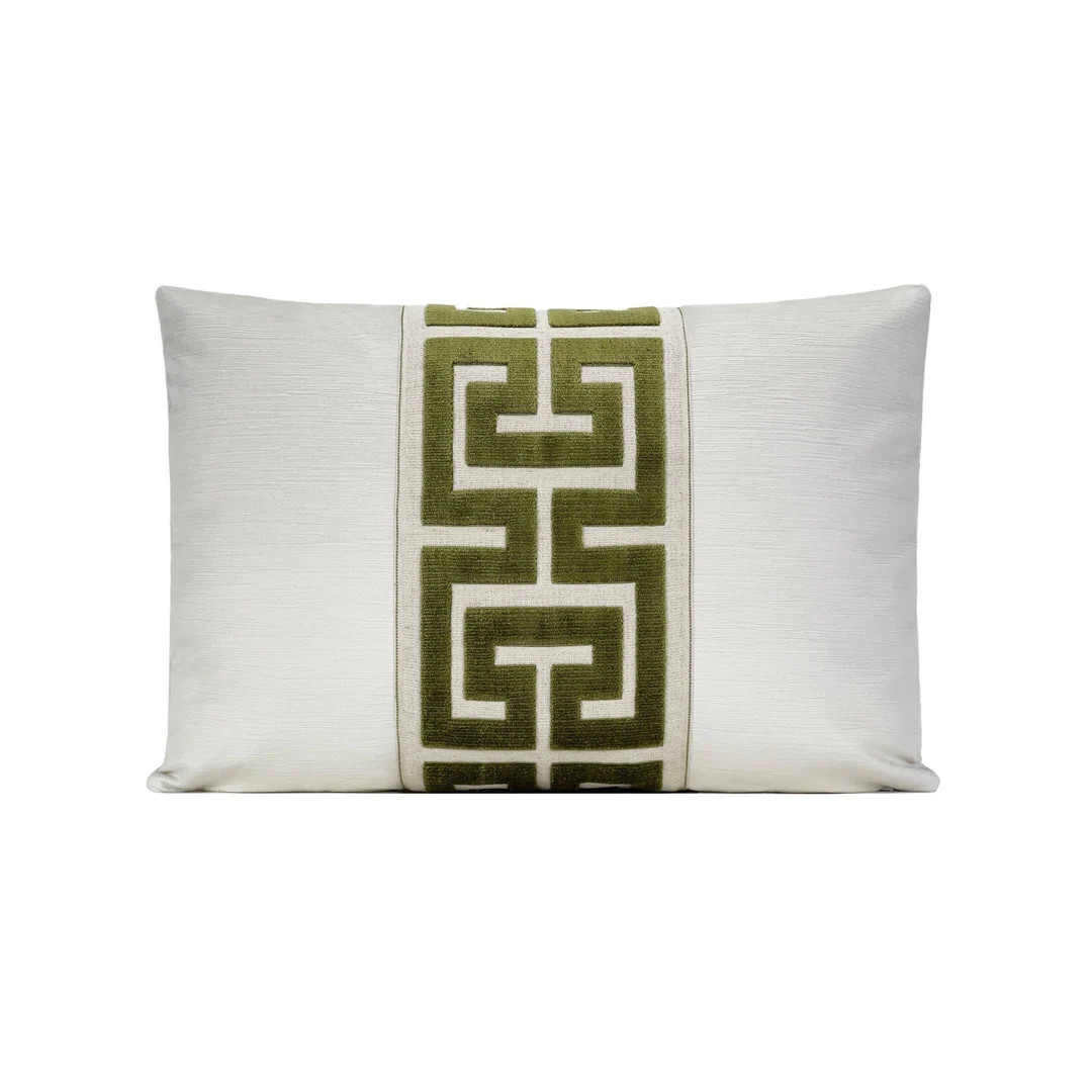 Alabaster Velvet Pillow Cover With Olive Greek Trim 18x18, 20x20, 22x22, 24x24, Lumbar 12x18, 14x... | Etsy (US)