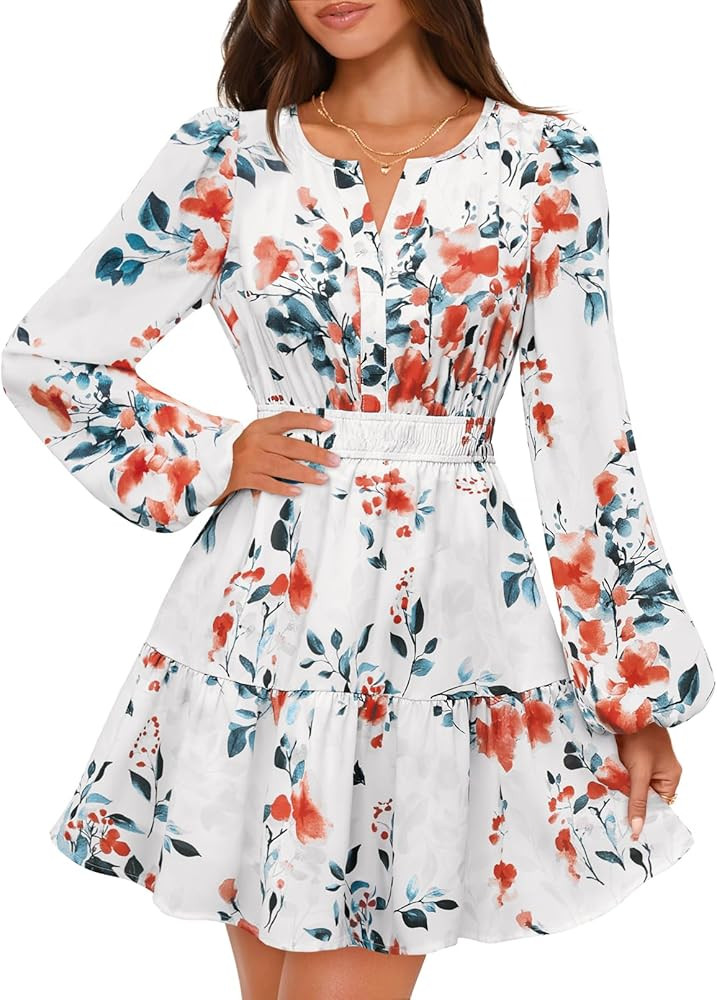 MEROKEETY Fall Wedding Guest Dresses for Women Long Sleeve Floral Casual Lightweight Flowy Swing ... | Amazon (US)