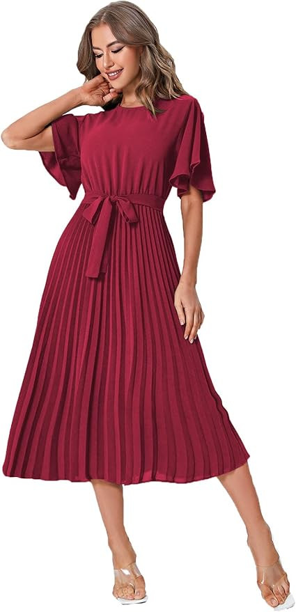 Milumia Women's Elegant Belted Pleated Flounce Sleeve Long Dress | Amazon (US)