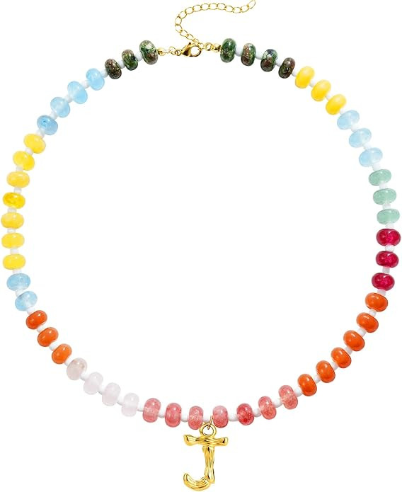 SLOONG Colorful Beaded Necklace for Women, Boho Necklaces Bohemian Rainbow 14K Gold Plated Initia... | Amazon (US)