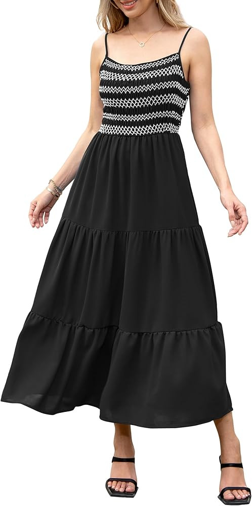 Womens Spaghetti Strap Sleeveless Smocked Square Neck Ruffle Hem Tiered Beach Sundress Flowy Loos... | Amazon (US)