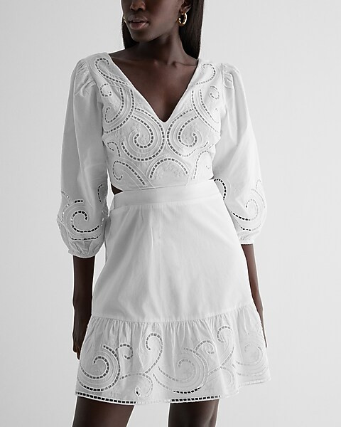 Embroidered Eyelet V-Neck Tie Back Mini Dress | Express