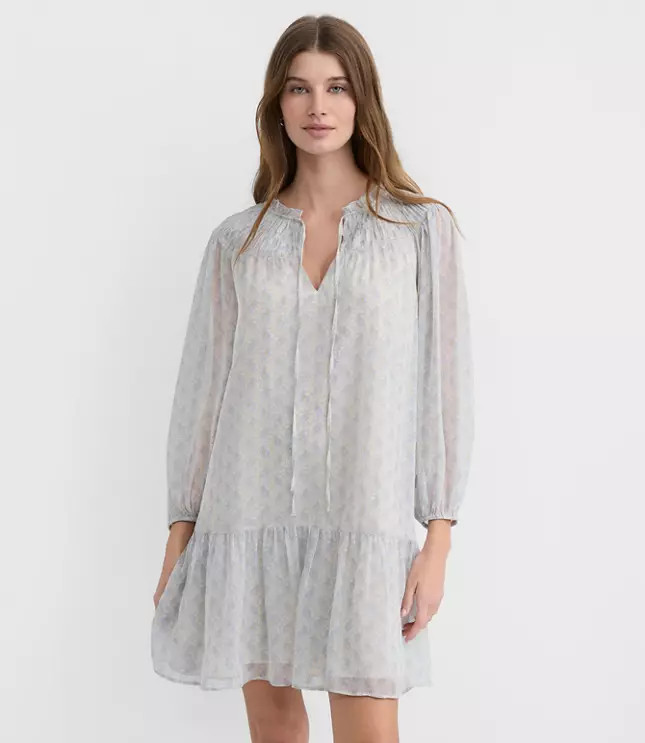 Paisley Smocked Tie Neck Mini Dress | LOFT