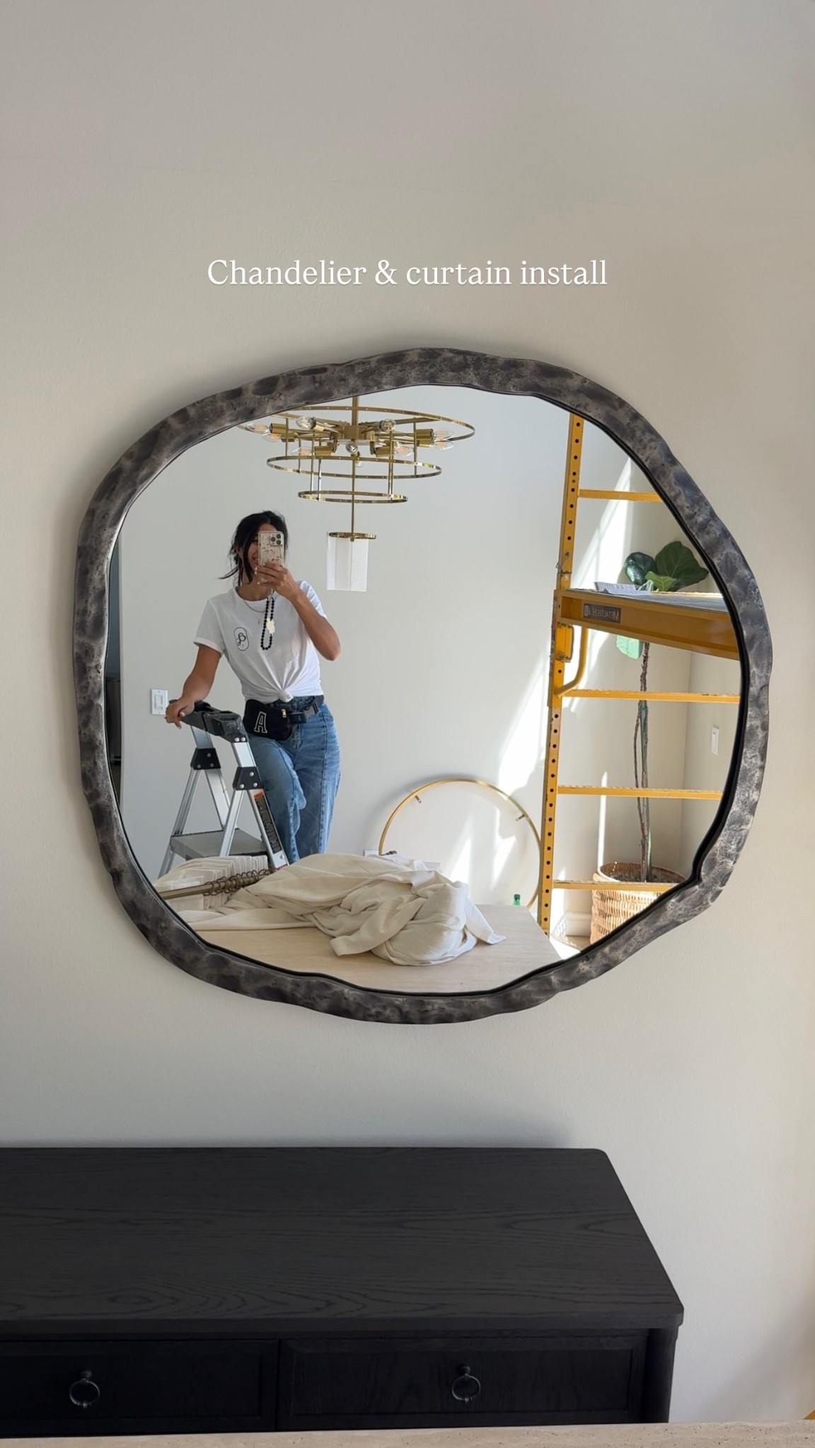 Chandelier & curtain install, cb2 mirror on sale right now!