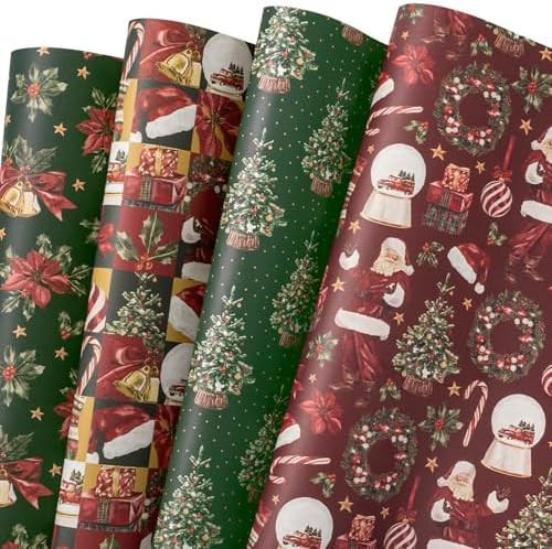 WRAPAHOLIC Kraft Vintage Christmas Wrapping Paper Sheet - 8 Sheets Red and Green Retro Christmas ... | Amazon (US)