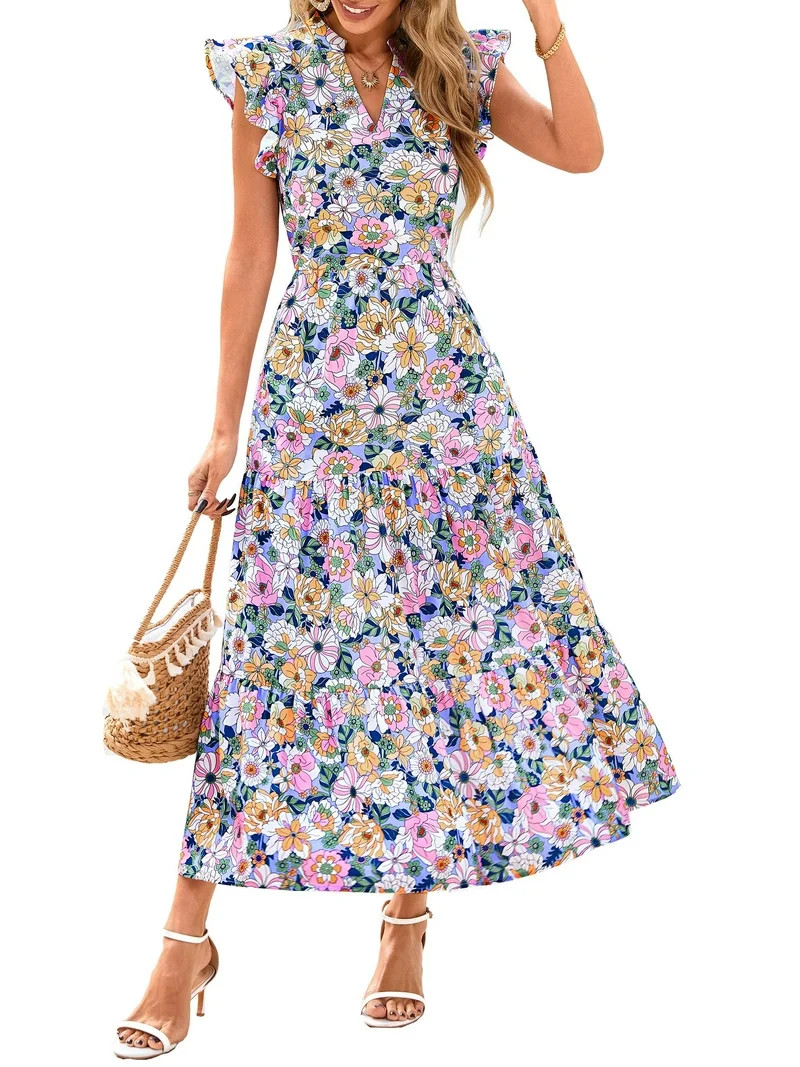 PRETTYGARDEN Women's Summer Floral Midi Dress Cap Sleeve V Neck Ruffle Long Flowy Boho Casual Bea... | Walmart (US)