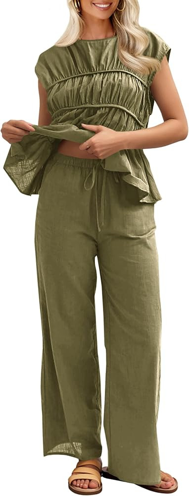 Tankaneo Womens 2 Piece Sets Summer Linen Babydoll Peplum Pleated Tank Top Pants Set Cotton Trave... | Amazon (US)