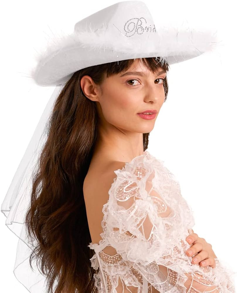 xo, Fetti Bride Cowgirl Hat, Bachelorette Party | White Velvet Fur Veil Favors, Engagement, Last ... | Amazon (US)