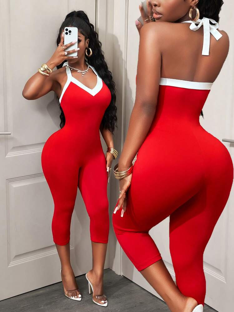 BamGleam Colorblock Backless Halter Jumpsuit Red Summer Essential Red Colorblock Backless Halter Bodycon Capri Jumpsuit, Women's Sexy Club Party Romper | SHEIN