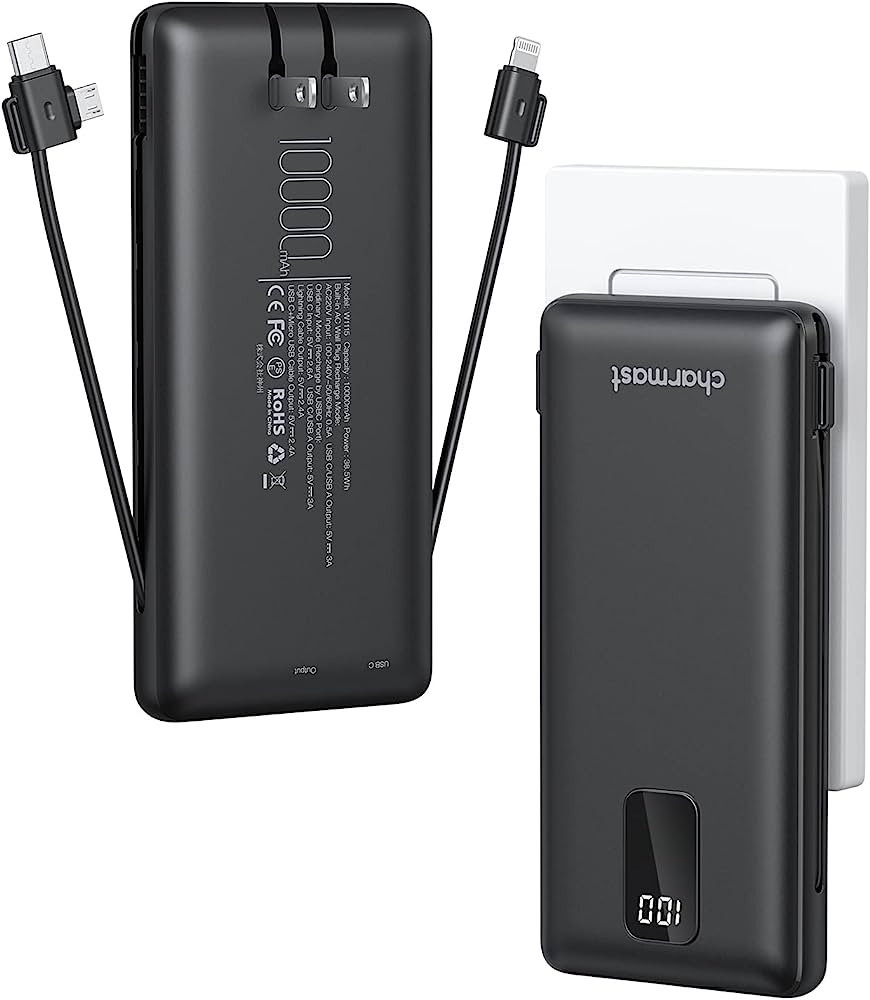 Charmast Portable Charger with Built-in Cables and AC Wall Plug, 10000mAh Ultra Slim Power Bank, ... | Amazon (US)