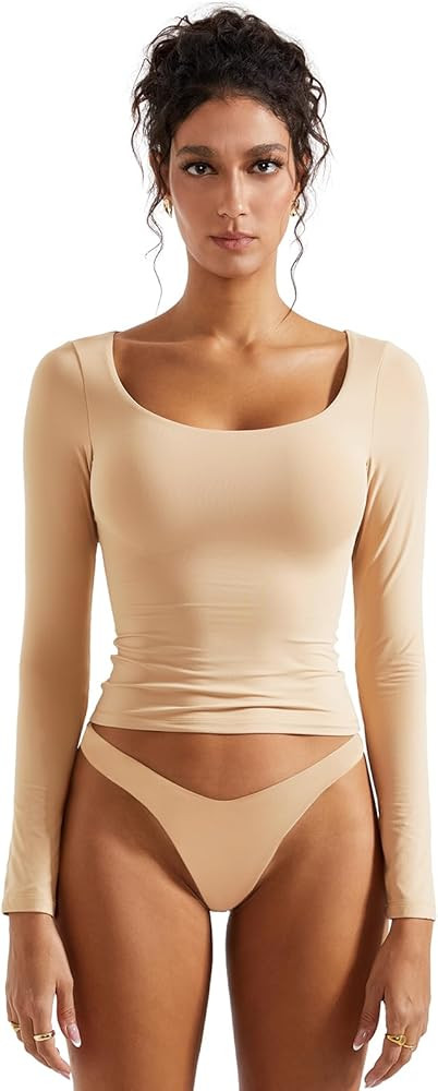 SUUKSESS Women Double Lined Fitted Basic T Shirts Scoop Neck Long Sleeve Crop Top | Amazon (US)