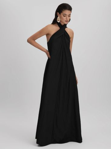 Taffeta Halter Neck Maxi Dress in Black | Reiss UK