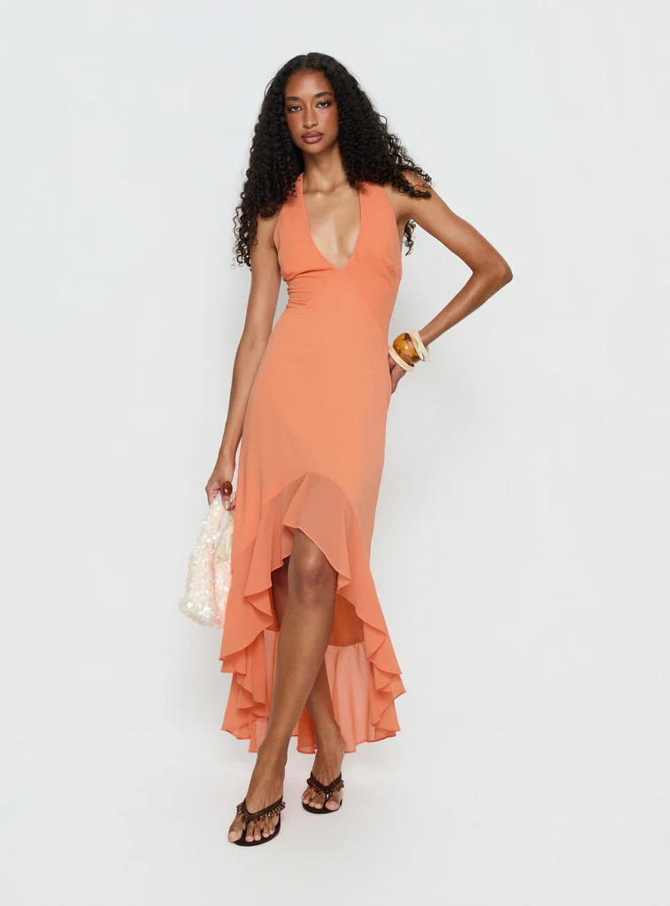 Agata Halter Frill Maxi Dress Orange | Princess Polly US