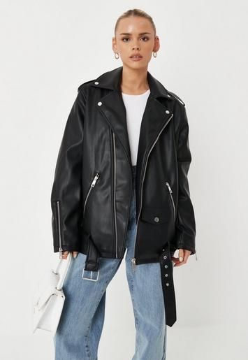 Black Faux Leather Long Biker Jacket | Missguided (US & CA)