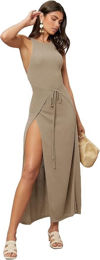 SheIn Women's Tie Waist Side Split Maxi Dress Round Neck Sleeveless Long Tank Dresses | Amazon (US)